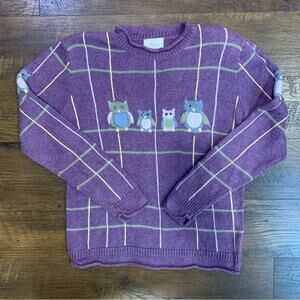 Vintage Novelty Owl Hand Embroidered Plaid Knit Sweater ‎ Sz M Cottagecore Retro